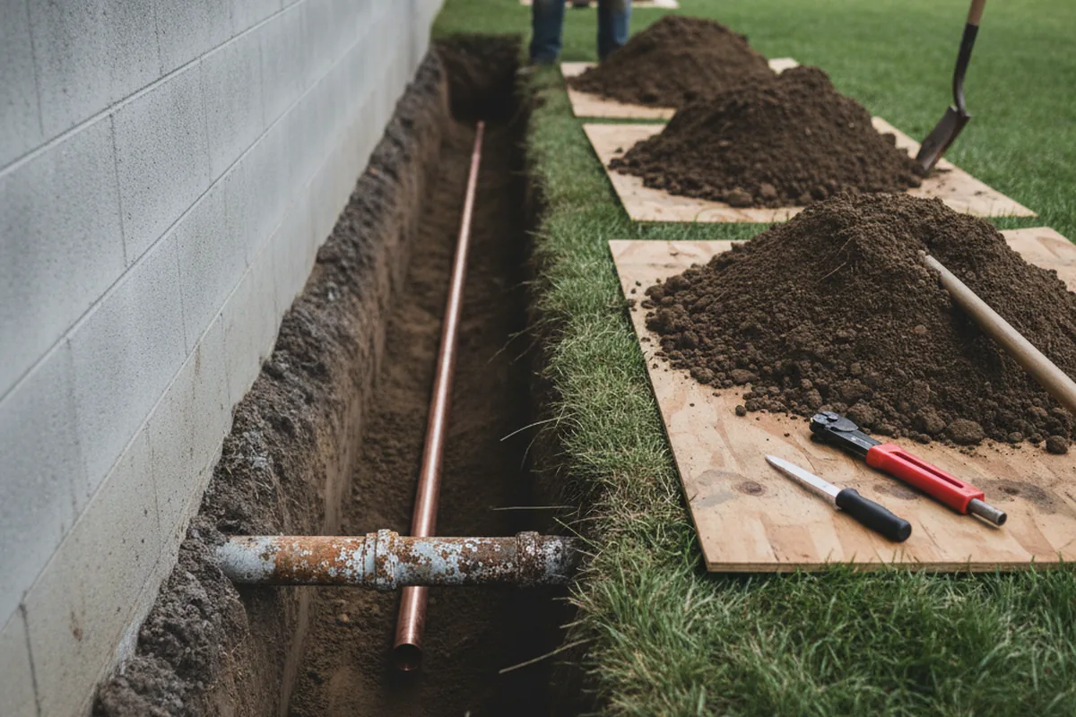 Excavated water line trench during Water Heater Repair in Lemoyne